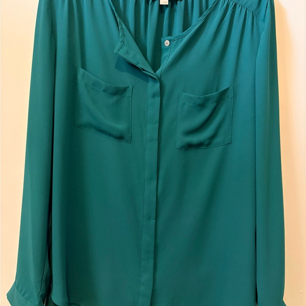 LOFT Teal Button-Front Long-Sleeve Blouse